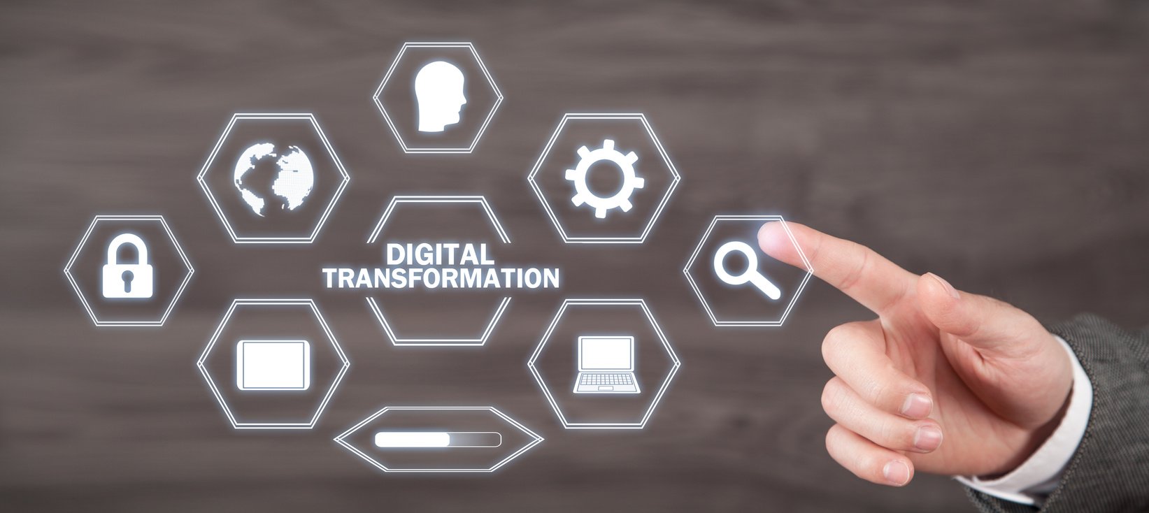 Male hand pressing search button. Digital Transformation